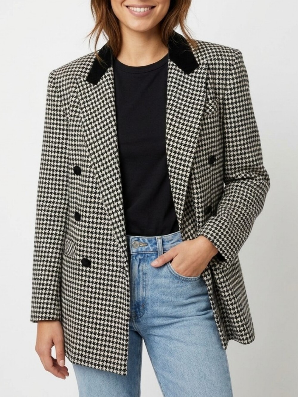 Vintage TC Petites Black & White Houndstooth Double Breasted Wool Blend Blazer